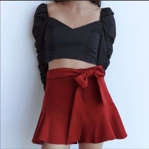 ZARA Belted Ruffle Bow Skort Shorts Skirt Burgundy Red size S